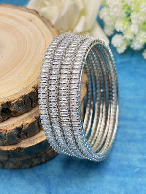 kewai Brass Diamond Silver Bangle Set(Pack of 4)