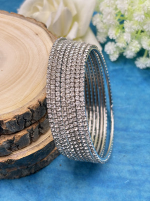 kewai Brass Zircon Rhodium Bangle Set(Pack of 8)