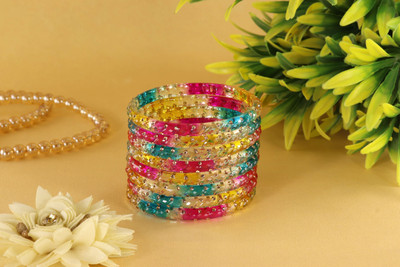 ZULKA Glass Beads, Diamond, Crystal, Zircon Bangle Set(Pack of 8)