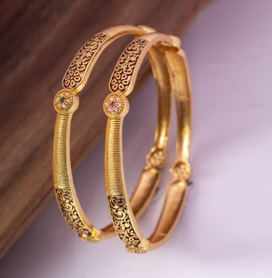 AK Brass Cubic Zirconia, Diamond Gold-plated Bangle Set(Pack of 2)