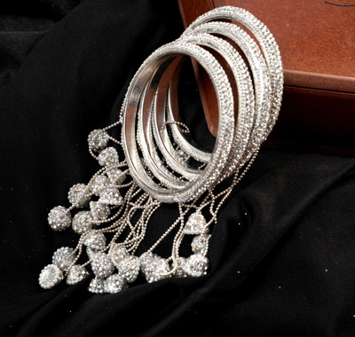 Insha Alloy Cubic Zirconia Silver Coated Bangle Set(Pack of 4)