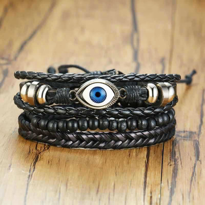 METRONAUT Metal, Alloy, Evil Eye, Stainless Steel, Leather Beads Black Silver Bracelet Set
