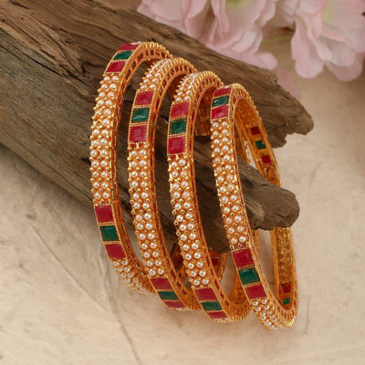 Mode Mania Brass Cubic Zirconia Gold-plated Bangle Set(Pack of 4)