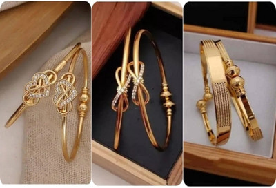 S K D J Brass Cubic Zirconia, Diamond Gold-plated Bangle Set(Pack of 6)