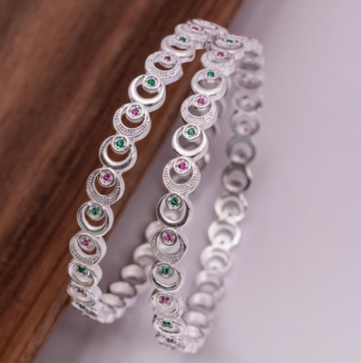AK Brass Cubic Zirconia Silver Coated Bangle Set(Pack of 2)