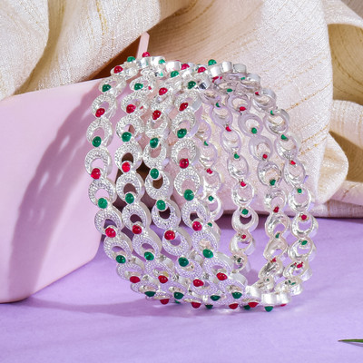 kewai Metal Cubic Zirconia Silver Coated Bangle Set