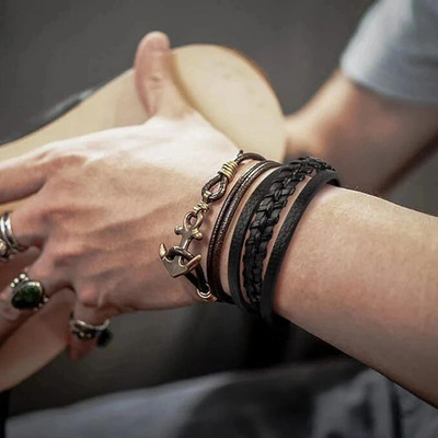 STYLEKRAFT Leather, Stainless Steel Beads Black Silver Bracelet Set