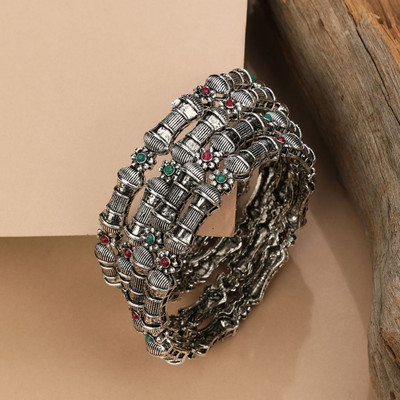 Mode Mania Brass Silver Bangle Set(Pack of 4)