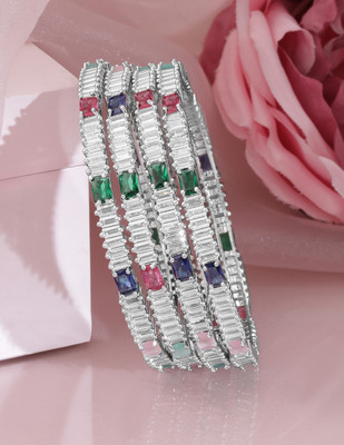 RUBANS Brass Cubic Zirconia Rhodium Bangle Set(Pack of 4)