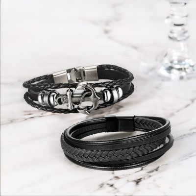 University Trendz Leather Silver Coated Bracelet(Pack of 2)