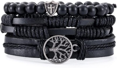 MEENAZ Metal, Brass, Copper, Alloy, Stainless Steel, Leather Beads Black Silver Bracelet Set