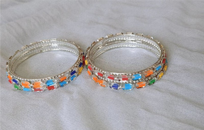 ARJS Metal Beads Silver Coated Bangle Set(Pack of 4)