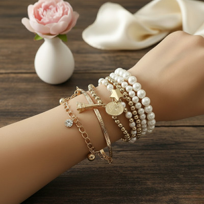 JDENTERPRISES Alloy Cubic Zirconia Gold-plated Bracelet Set(Pack of 6)