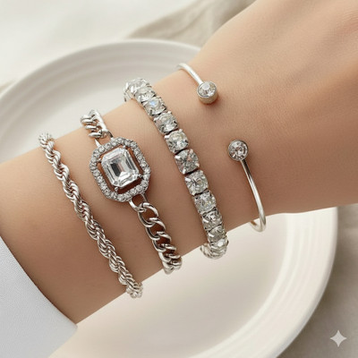 Korezave Alloy Cubic Zirconia Silver Coated Bracelet Set(Pack of 4)