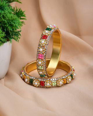 ShiyaShree Brass Pearl, Cubic Zirconia, Diamond, Crystal Gold-plated Bangle Set(Pack of 2)
