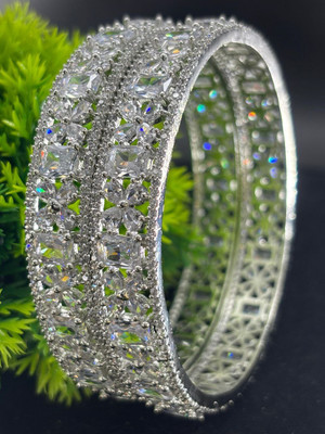 MTC Brass Cubic Zirconia Silver Coated Bangle Set(Pack of 2)