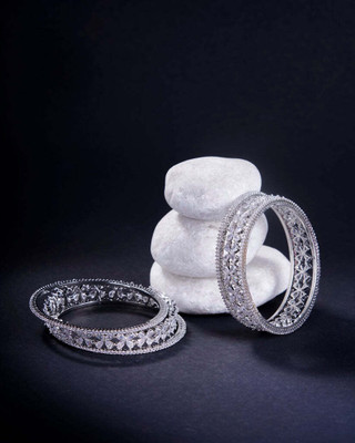 Opal Touch Brass Cubic Zirconia Rhodium Bangle Set(Pack of 6)