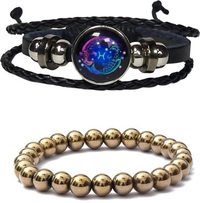 BHAGYA G Stone, Golden Pyrite, Crystal, Leather Bracelet(Pack of 2)
