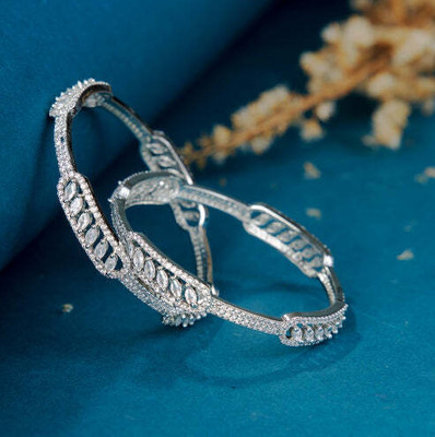 Opal Touch Brass Cubic Zirconia Rhodium Bangle Set(Pack of 2)