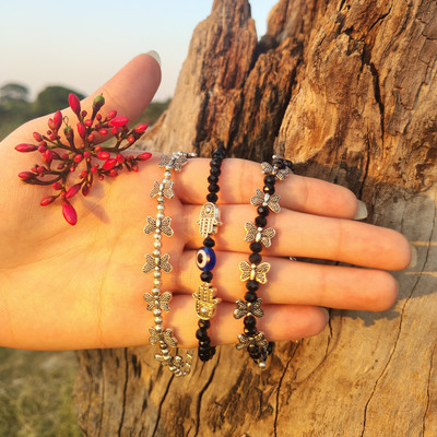 BLACKRUFF Brass, Green Aventurine, Mother of Pearl, Oxidised Silver, Evil Eye, 7 Chakra Sterling Silver, Black Silver Bracelet Set(Pack of 3)