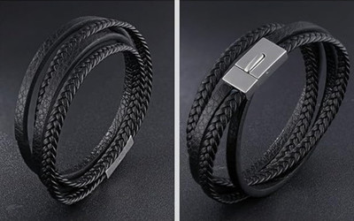 suraj Leather Black Silver Bracelet(Pack of 2)