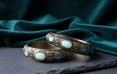 TRINAYA Brass Ruby Silver Bangle Set(Pack of 2)