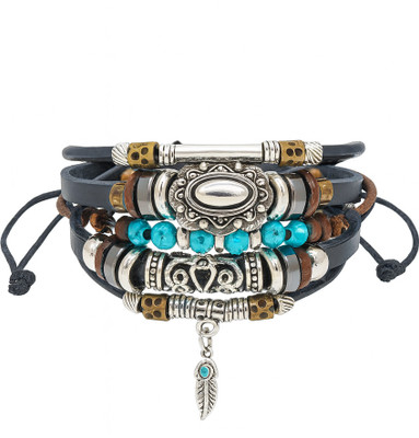 Elanora Jewels Leather Cubic Zirconia Sterling Silver Bracelet Set(Pack of 5)