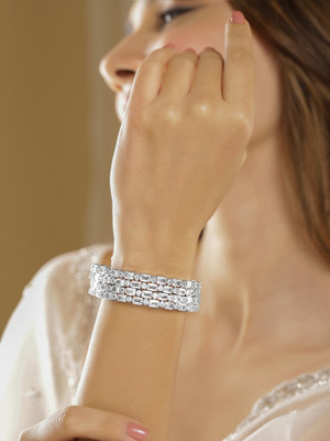 RUBANS Brass Cubic Zirconia Rhodium Bangle Set(Pack of 2)