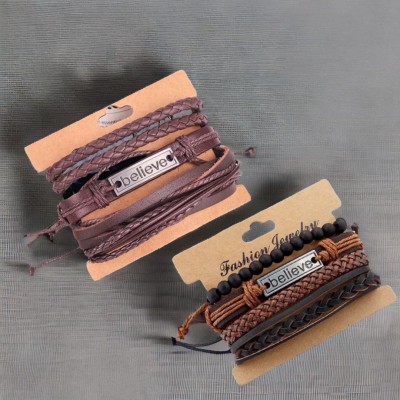 Jewelgenics Leather Beads Sterling Silver Bracelet Set(Pack of 2)