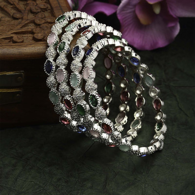 ZENEME Brass Cubic Zirconia Rhodium Bangle Set(Pack of 4)