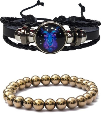 BHAGYA G Stone, Golden Pyrite, Crystal, Leather Bracelet(Pack of 2)