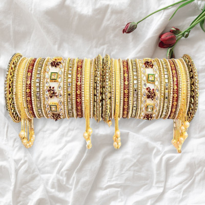 Radhya Enterprise Plastic Pearl, Opal, Diamond, Zircon Gold-plated Bangle Set(Pack of 34)