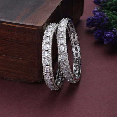 Opal Touch Brass Cubic Zirconia Rhodium Bangle Set(Pack of 2)