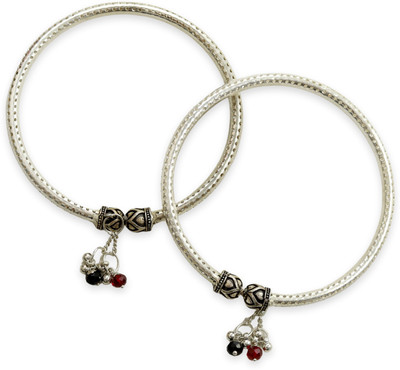FebTech Metal Beads Silver Bangle Set(Pack of 2)