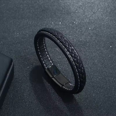 MEENAZ Metal, Alloy, Stainless Steel, Leather Black Silver Bracelet