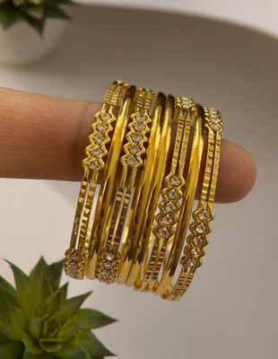 AARISAI Metal Cubic Zirconia Gold-plated Bangle Set(Pack of 8)