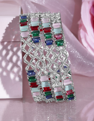 RUBANS Brass Cubic Zirconia Rhodium Bangle Set(Pack of 4)