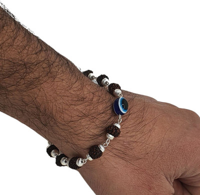 HAPPY CREATION Rudraksha, Evil Eye Silver Charm Bracelet