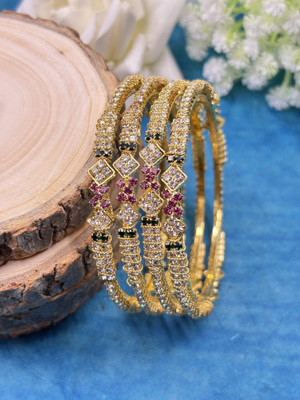 kewai Brass Diamond Gold-plated Bangle Set(Pack of 4)