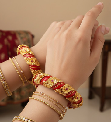 SHINE OF STARS Plastic Pearl, Cubic Zirconia, Diamond Gold-plated Bangle Set(Pack of 2)