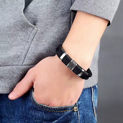 University Trendz Stainless Steel, Leather Black Silver Bracelet