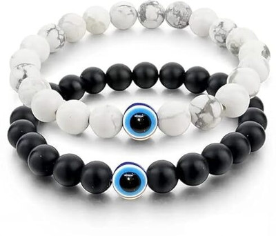 MASHBA Stone, Crystal Beads Black Silver Bracelet Set(Pack of 2)