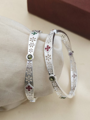 DH Brass Cubic Zirconia, Diamond Silver Bangle Set(Pack of 2)