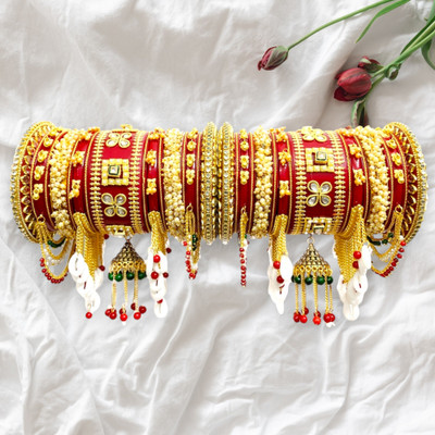 Radhya Enterprise Plastic Pearl, Opal, Diamond, Zircon Gold-plated Bangle Set(Pack of 34)