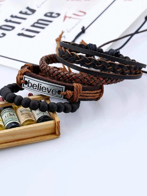 YELLOW CHIMES Leather Beads Bracelet Set(Pack of 4)
