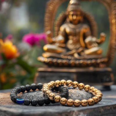 Chroma Collection Golden Pyrite, Evil Eye, Black Obsidian Beads Bracelet Set(Pack of 2)