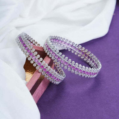 Opal Touch Brass Cubic Zirconia Rhodium Bangle Set(Pack of 2)