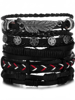 University Trendz Leather Silver Coated Bracelet Set(Pack of 5)