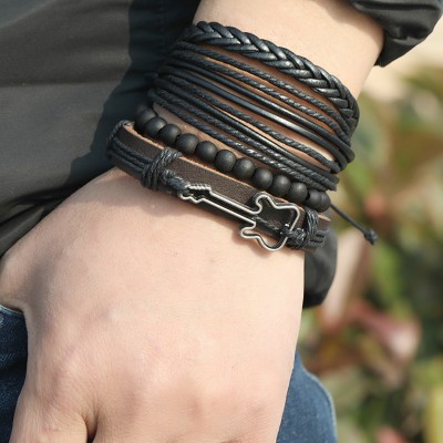 Fashion Frill Leather Black Silver Bracelet(Pack of 4)