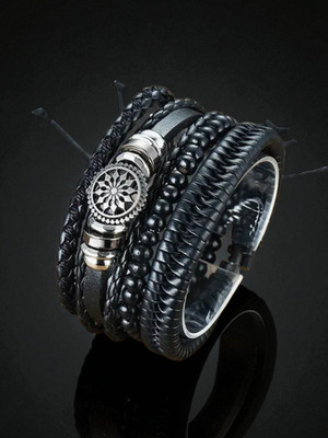 RAPPERSSHOP Brass, Leather, Stainless Steel Silver Bracelet Set